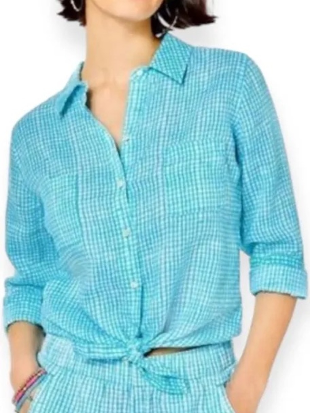 Lilly Pulitzer Sea View Linen Button Down Top Blue White Check, Sz XL